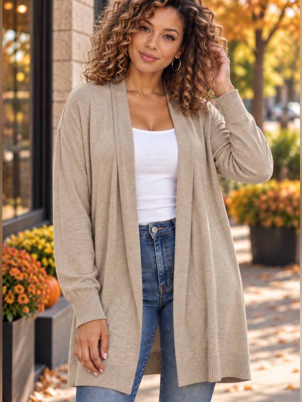 NWT Cyrus Women’s XL Tan Open Front Long Cardigan Sweater Lightweight Knit